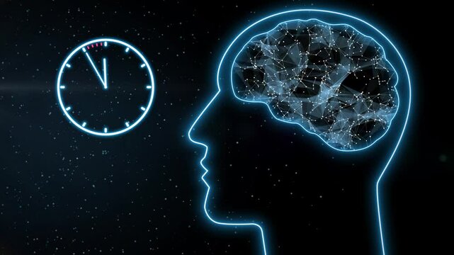 Animation of busy businessman head and brain with clock going fast forward. Time management, pressure, deadlines and thinking concept on Black background. Alpha channel included