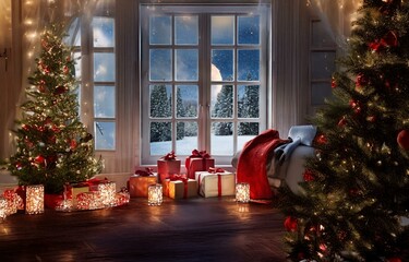 Cozy Christmas scene with two decorated trees, presents and a snow-covered landscape seen through a window.