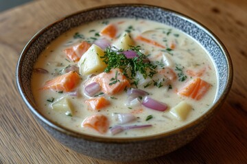 Bowl of Soup on Wooden Table