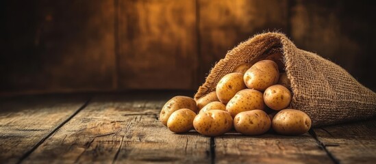 A burlap sack full of potatoes on an old wooden table, with a rustic background and warm lighting creating a cozy atmosphere. 