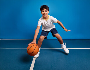 Boy in Basketball Gear Dribbling a Ball Against a Blue Background - Generative AI