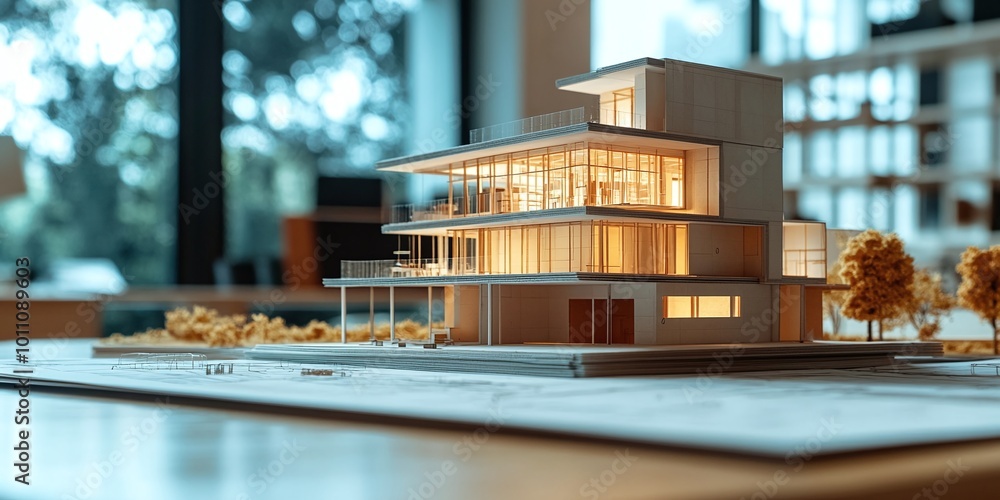 Poster architect making architectural construction models, sketching working drawings and design plans, and