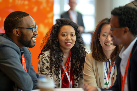 A diverse group of scientists discussing future technologies at a global STEM summit.