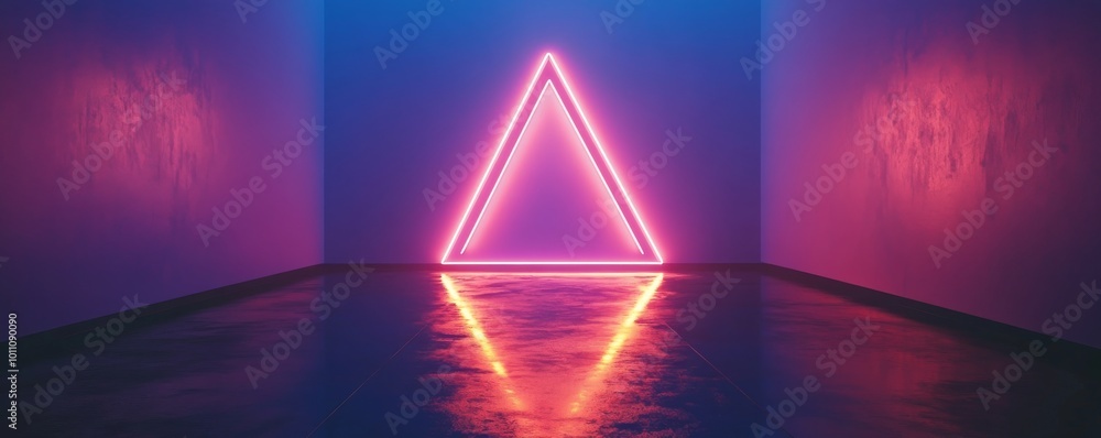 Poster neon triangle shining in empty room with wet floor