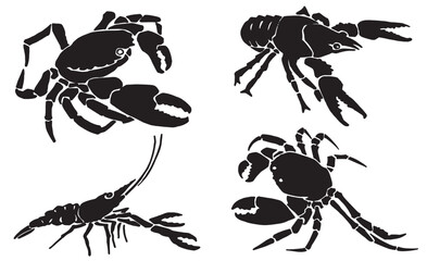 Seafood set, crab,cancer and shrimp o white, silhouettes. Vector illustration