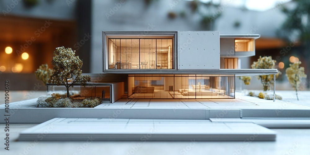 Poster architect making architectural construction models, sketching working drawings and design plans, and