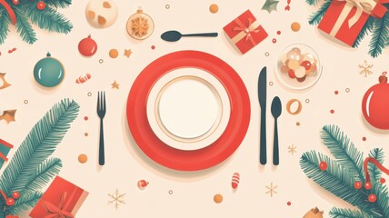 Flat design Christmas dinner table with bold, simplified shapes and a modern composition, perfect for web design or digital media, featuring plates, cutlery, and festive decorations. Christmas dinner