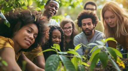 A diverse team working on environmental sustainability projects, with a focus on inclusive practices.