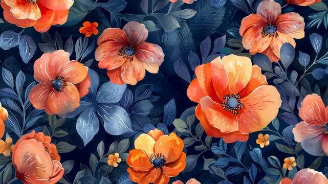 A watercolor painting of orange flowers with dark blue leaves on a dark blue background