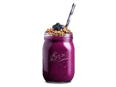 Very Berry Fusion A mixed berry smoothie in a classic Mason jar topped with granol