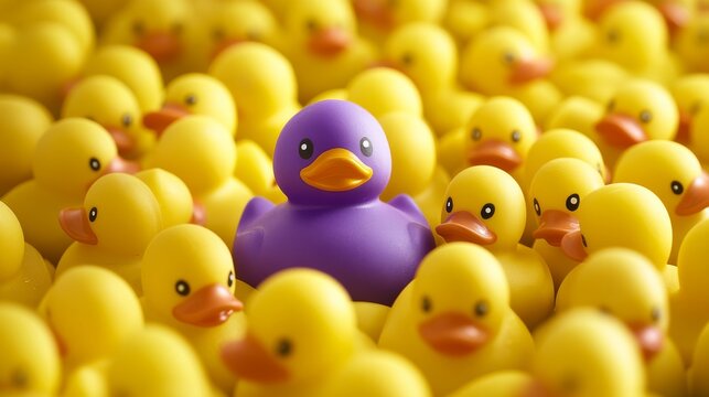 One purple rubber duck surrounded by yellow rubber ducks is standing out from the crowd