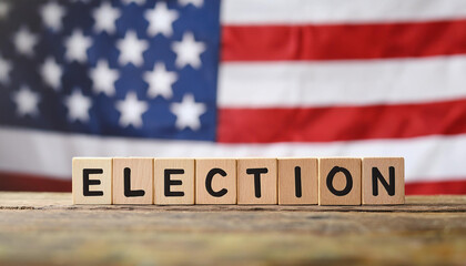 Fototapeta premium Wooden word ELECTION on table and blurred American flag on backdrop. United States of America