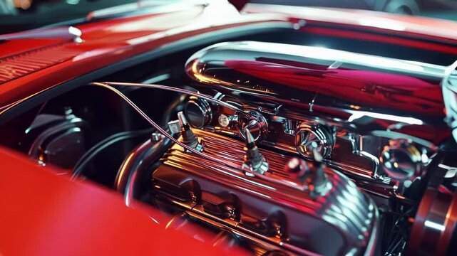 Red american sports car with a gleaming chrome v8 engine, symbolizing vintage design and power. Perfect for transportation and mechanic backgrounds