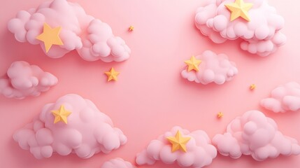 Obraz premium Whimsical 3d rendering of soft pastel pink paper clouds and stars, dreamy and playful sky-themed background perfect for baby showers, nursery decor, kids' room designs, and gentle celestial-themed pro