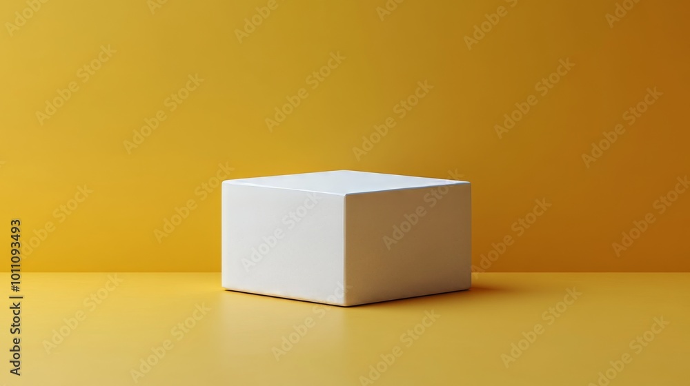 Poster white cube standing on yellow background with copy space