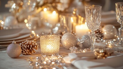 Christmas dinner table in gold and silver tones with crystal glassware and luxurious decorations, exuding a sense of opulence and elegance for a festive holiday meal. Christmas dinner