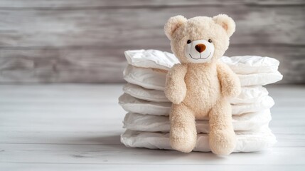 Obraz premium A stack of baby diapers with a cute teddy bear sitting on top. The floor is white and the wall is made of wood. This is a picture of newborn nappies.