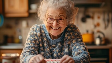 joyful elderly woman playing bingo at her home kitchen smiling and enjoying a casual fun game that brings laughter and happiness to her day