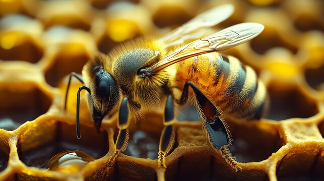 Honey bee standing on honeycomb working on honey production