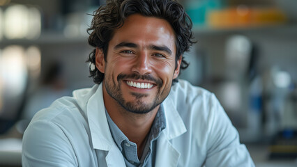 Latino Hispanic Man Biologist - doctor, male, scientist, lab, laboratory, professional, coat, smiling, curly hair, work, healthcare, research, science, medicine, portrait
