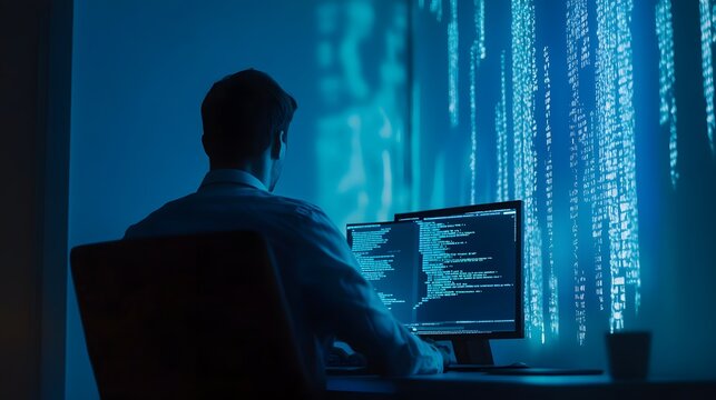 A software developer working late at night, focused on coding with code projection and data visualization in the background