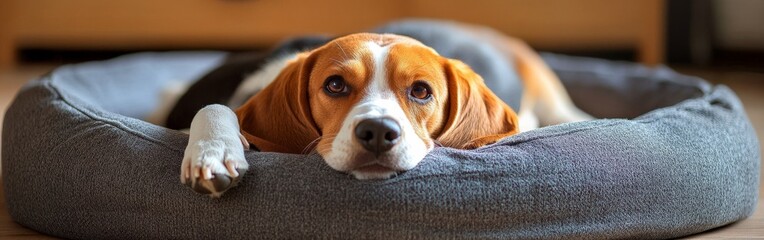 Cozy Beagle Puppy Sleeping Peacefully on a Soft Dog Bed Indoors in a Relaxing Setting