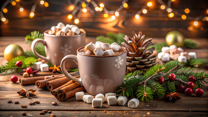Cup of Hot chocolate cacao drinks with marshmallows, Christmas background. Montage for copy space © KingKongThePitbull