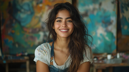 Naklejka premium Latino Hispanic Woman Artist - artist, painting, studio, smile, creativity, woman, art, canvas, colorful, brushes, inspiration, workshop, expression, talent, happiness, painter
