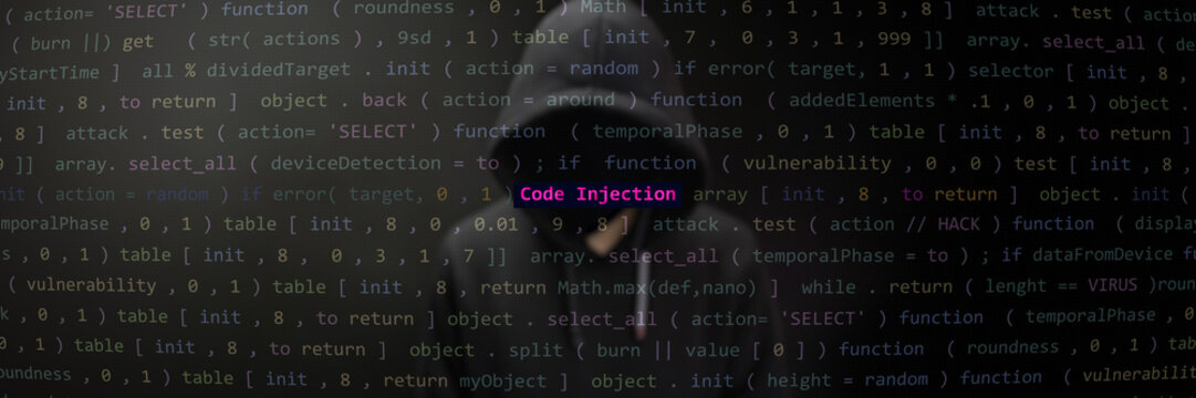 Cyber attack code injection text in foreground screen, Anonymous hacker hidden with hoodie in the blurred background. Vulnerability text in binary system ascii art style, code on editor screen. 