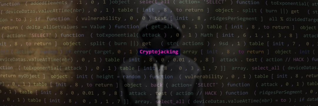 Cyber attack cryptojacking text in foreground screen, Anonymous hacker hidden with hoodie in the blurred background. Vulnerability text in binary system ascii art style, code on editor screen. 