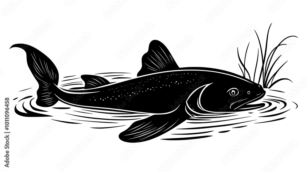 Poster Catfish resting near the riverbed, tail swaying gently in the current, vector illustration art