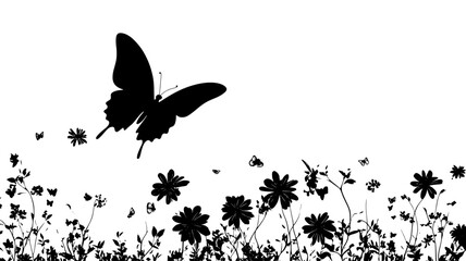 A butterfly hovers near a group of flowers, its wings flapping in a rhythmic motion, vector illustration art