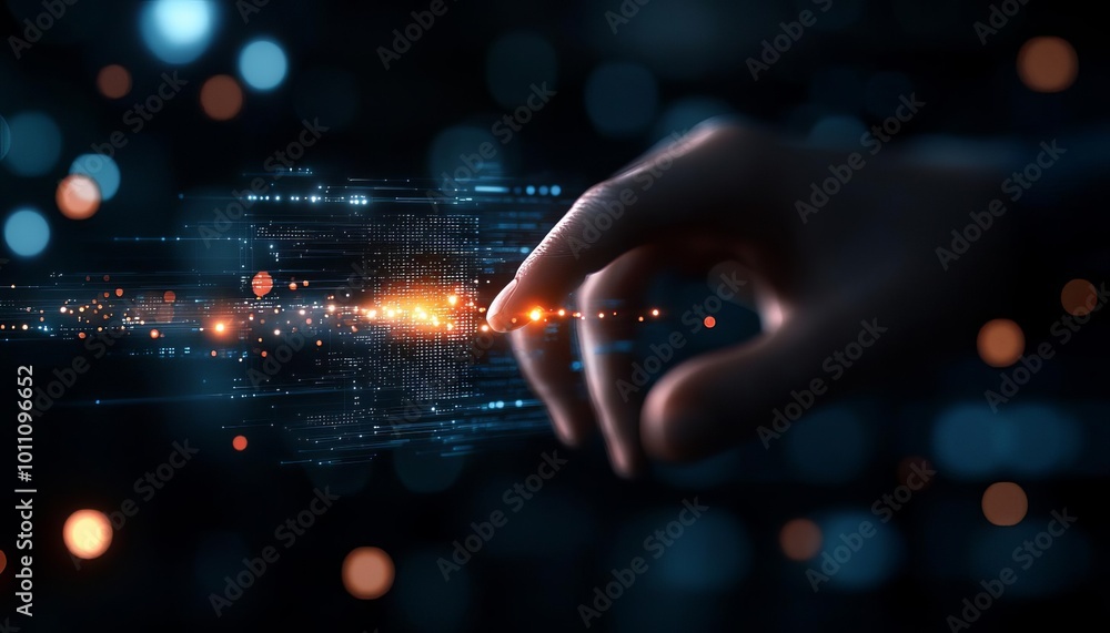 Aufkleber hand interacting with digital data in a futuristic setting.