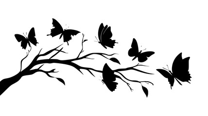 Cluster of butterflies roosting on a tree branch at night, vector illustration art