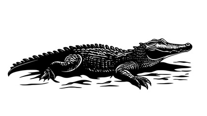 Fototapeta premium Crocodile sunbathing on dry land, body stretched out in a relaxed position, vector illustration art