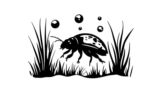 Diving beetle swimming underwater in pond, air bubble visible, vector illustration art