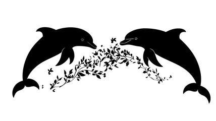 Fototapeta premium Dolphins playing with seaweed, tossing it between them, vector illustration art