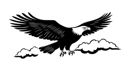 Eagle soaring with wings fully extended against cloudy sky, vector illustration art