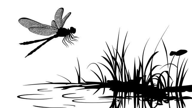 A dragonfly hovers over a pond, wings outstretched as it surveys the water, vector illustration art