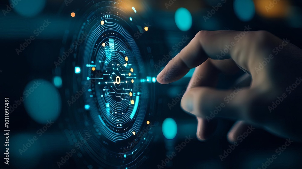 Aufkleber hand touching digital interface with glowing circles and elements