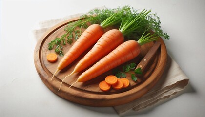 fresh carrots on a wooden chopping board, isolated on a white background
