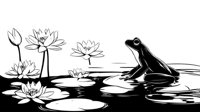 Frog perched on a lily pad in a pond with water lilies, vector illustration art