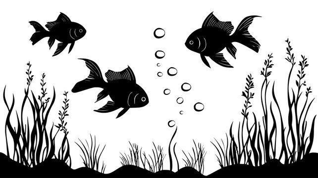 Goldfish feeding at the surface of an aquarium tank, vector illustration art