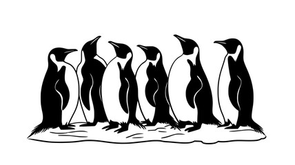 Obraz premium A group of penguins huddles together on an ice sheet, facing the same direction, vector illustration art