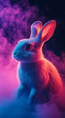 White rabbit posing in a cloud of colorful smoke