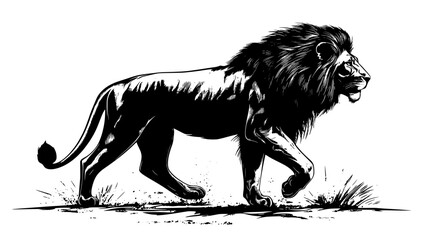 Lion walking along dusty path, eyes forward, moving steadily, vector illustration art