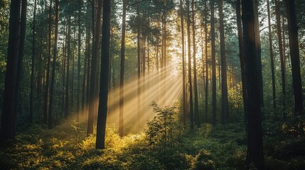 Obraz premium Sunlight Streaming Through Forest Trees at Dawn