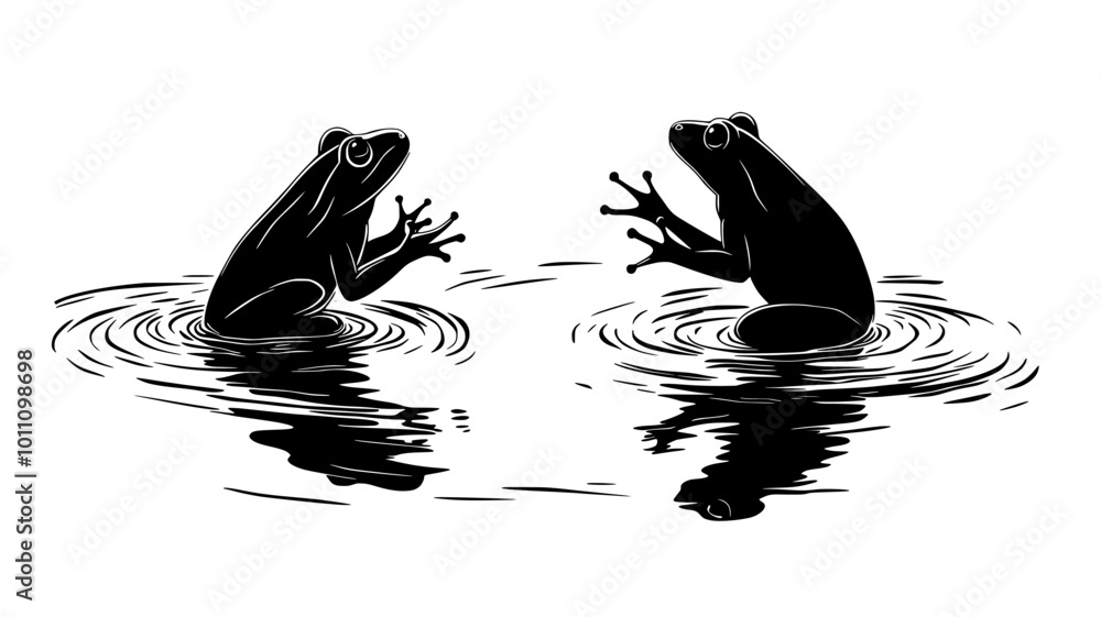 Poster Pair of frogs in amplexus position floating on pond surface, vector illustration art