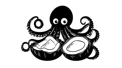 Obraz premium Octopus carrying two coconut shell halves as a makeshift portable shelter, vector illustration art
