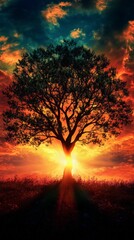 Obraz premium Lonely tree silhouette standing on a hill at sunset with colorful sky